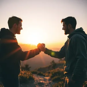 good morning brother images wallpaper graphic featuring elegant golden light - good morning brother images with two brothers fist bump at sunrise on mountain trail