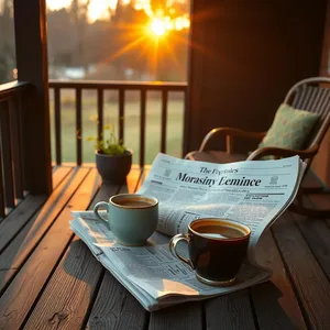 good morning brother images download design featuring soothing masculine domestic scene - good morning brother images with morning chai and newspaper on wooden porch