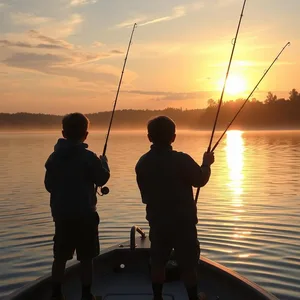 stunning good morning brother images photo art: brothers with fishing rods at sunrise lake