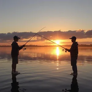 golden water reflections - good morning brother images with brothers with fishing rods at sunrise lake — vibrant good morning brother images greeting