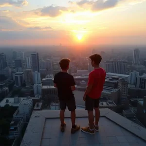 brothers on rooftop watching sunrise, golden light - good morning brother images, warm good morning brother images design greeting card