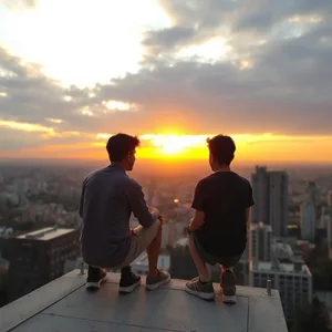cityscape below with brothers on rooftop watching sunrise (golden light - good morning brother images) for good morning brother images download