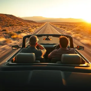 good morning brother images greeting image featuring soothing convertible with two guys road trip at sunrise (open highway - good morning brother images)