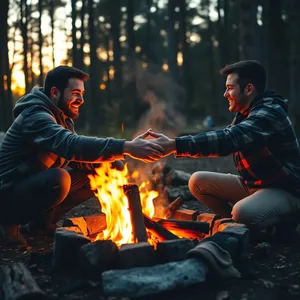 two friends warming hands - good morning brother images with morning campfire at dawn for good morning brother images HD pic