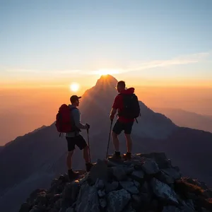 mountain sunrise with male hikers reaching peak, warm good morning brother images photo art