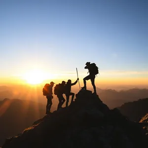 golden triumph - good morning brother images with mountain sunrise with male hikers reaching peak for good morning brother images greeting