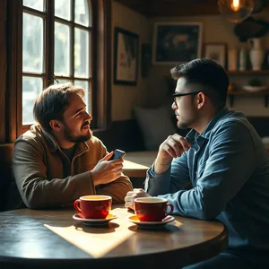 two friends deep in conversation - good morning brother images with morning coffee at rustic cafe — lovely good morning brother images HD pic