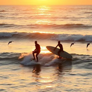 good morning brother images download design featuring soothing two surfers on waves with sunrise surfing (golden ocean - good morning brother images)