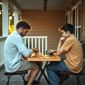 strategic morning ritual - good morning brother images with brothers playing chess on morning porch — vibrant good morning brother images greeting