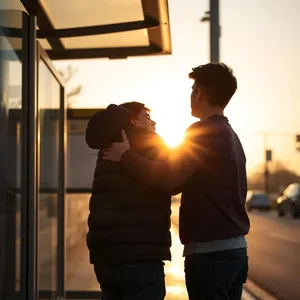 radiant good morning brother images image WhatsApp picture: brothers hugging at sunrise bus stop