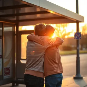 farewell embrace - good morning brother images with brothers hugging at sunrise bus stop — lovely good morning brother images wallpaper