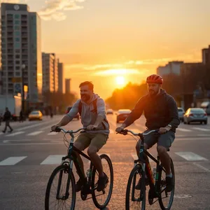 graceful two guys on sunrise bicycle ride through city — good morning brother images photo art