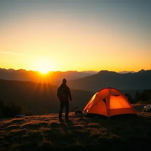 good morning brother images wallpaper graphic featuring elegant two figures by tent with sunrise campsite (golden mountains behind - good morning brother images)