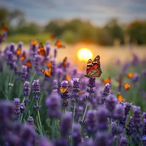 graceful garden of butterflies on lavender at sunrise — good morning butterfly images design greeting card
