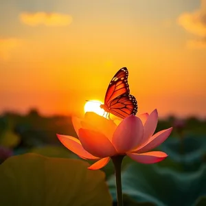 good morning butterfly images HD pic photo featuring elegant sunset orange butterfly on lotus flower at sunrise - good morning butterfly images