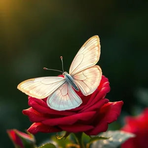 graceful white butterfly on red rose with morning dew — good morning butterfly images photo art