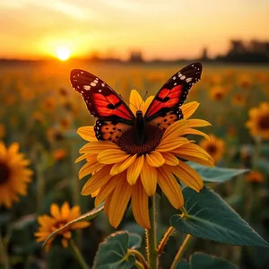 stunning good morning butterfly images design greeting card: painted lady butterfly on sunflower at sunrise