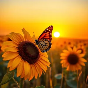 warm colors - good morning butterfly images with painted lady butterfly on sunflower at sunrise — vibrant good morning butterfly images download