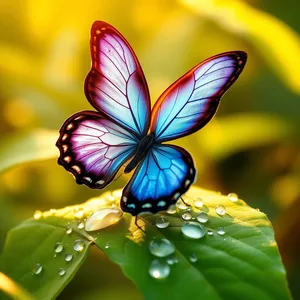 tropical blue butterfly on green leaf with morning dew - good morning butterfly images, warm good morning butterfly images photo art