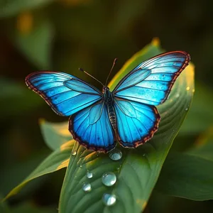 tropical blue butterfly on green leaf with morning dew - good morning butterfly images for good morning butterfly images greeting