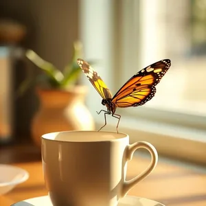 whimsical delight - good morning butterfly images with morning butterfly alighting on coffee cup rim — lovely good morning butterfly images HD pic