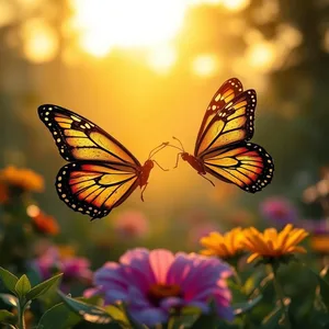 graceful two butterflies dancing together over morning garden — good morning butterfly images design greeting card