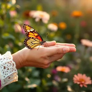 stunning good morning butterfly images photo art: butterfly on grandmother's hand in morning garden