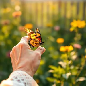 generational joy - good morning butterfly images with butterfly on grandmother's hand in morning garden — vibrant good morning butterfly images greeting