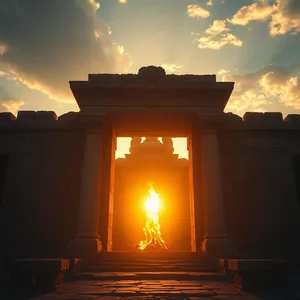 good morning durga images wallpaper graphic featuring elegant sacred flame burning - good morning durga images with powerful sunrise through ancient temple entrance