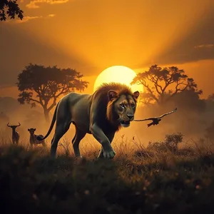 fierce lion walking through jungle at dramatic sunrise - good morning durga images, warm good morning durga images photo art