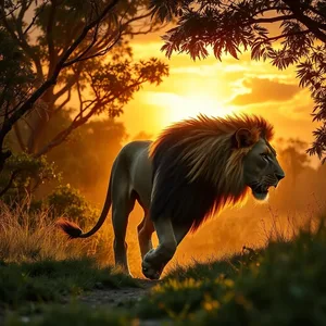 fierce lion walking through jungle at dramatic sunrise - good morning durga images for good morning durga images greeting