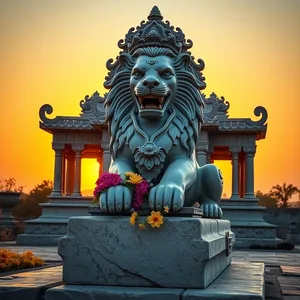 temple lion sculpture with morning flowers, warm good morning durga images design greeting card