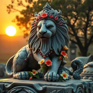 divine vehicle - good morning durga images with temple lion sculpture with morning flowers for good morning durga images download