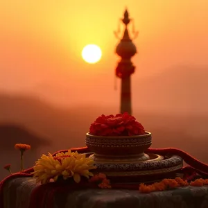 radiant good morning durga images image WhatsApp picture: red and gold kumkum with marigold at sunrise