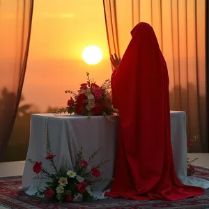 morning sacred red cloth draped on altar with flowers, uplifting good morning durga images wishes wallpaper