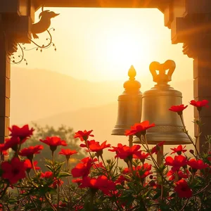 stunning good morning durga images design greeting card: temple bells and red flowers at dawn