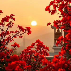 divine sound - good morning durga images with temple bells and red flowers at dawn — vibrant good morning durga images download