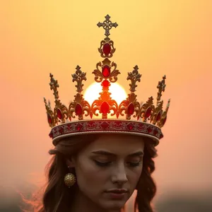 radiant good morning durga images wishes wallpaper: ornate golden crown with red rubies at sunrise - good morning durga images
