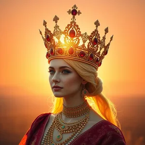 ornate golden crown with red rubies at sunrise - good morning durga images — lovely good morning durga images HD pic