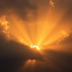 graceful dramatic sunrise breaking through storm clouds — good morning durga images design greeting card