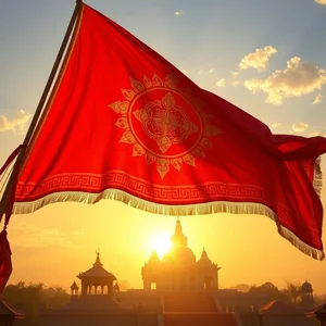 divine flag unfurling - good morning durga images with sacred red and gold banner at temple sunrise for good morning durga images wallpaper