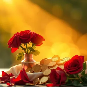 stunning good morning durga images photo art: morning offering of red roses and gold coins - good morning durga images