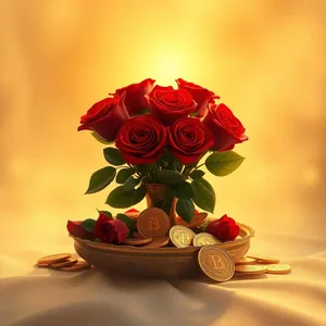 morning offering of red roses and gold coins - good morning durga images — vibrant good morning durga images greeting