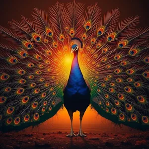 fierce peacock spreading feathers at golden sunrise - good morning durga images, warm good morning durga images design greeting card