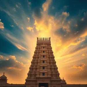 graceful ornate temple gopuram against dramatic sunrise sky - good morning durga images — good morning durga images photo art