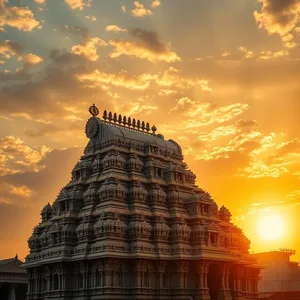 good morning durga images greeting image featuring soothing ornate temple gopuram against dramatic sunrise sky - good morning durga images