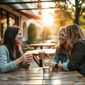 good morning friends images wallpaper graphic featuring elegant group of friends laughing over morning coffee at outdoor cafe - good morning friends images