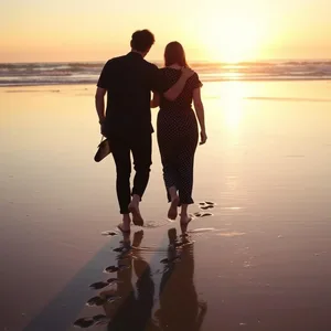 best friends walking barefoot on beach at sunrise - good morning friends images, warm good morning friends images photo art
