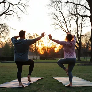 golden sunrise light - good morning friends images with friends doing morning yoga together in park — lovely good morning friends images HD pic