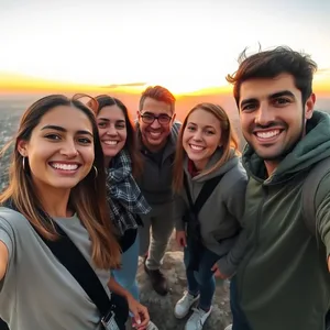 graceful group selfie at sunrise viewpoint, golden sky - good morning friends images — good morning friends images design greeting card